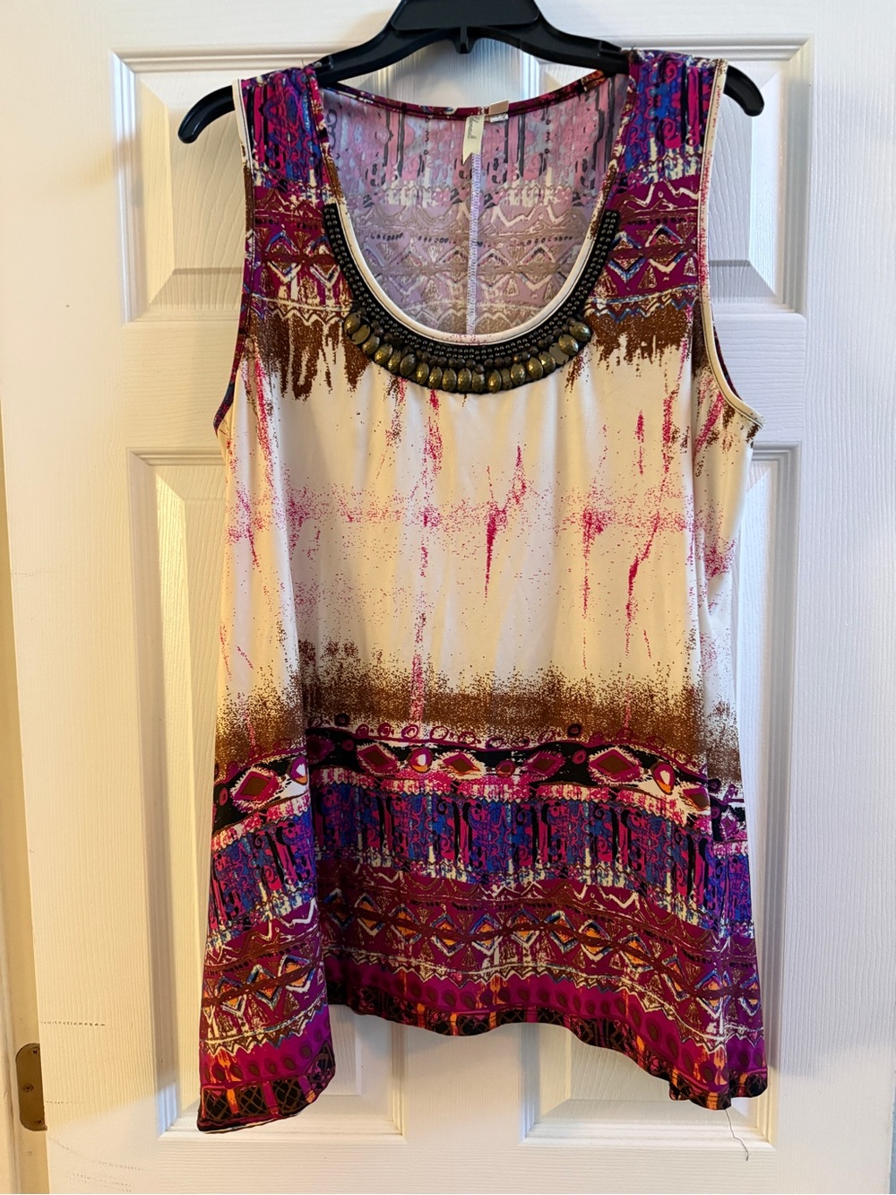 Chenault Boho Beaded Tunic Top 1X Sleeveless Colorful Print Made in USA